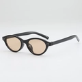 Retro black oval sunglasses with light brown lenses and silver triple rivet details - Black Frame Tea Lens