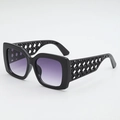 Vintage oversized square sunglasses with purple gradient lenses and hollow woven temples - Black Frame Double Gray Gradient Lens