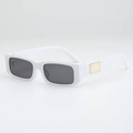 White narrow rectangular sunglasses with dark grey lenses and gold textured temple trim - UV400 Protection / Solid White Grey Lens