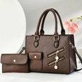 Dark brown lychee textured tote bag with matching long wallet and gold zipper details - Coffee