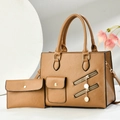 Brown lychee leather handbag set with gold zipper details and envelope wallet pouch - Brown