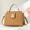 Brown herringbone woven mini square bag with leather trim and golden B-shaped metal buckle - Khaki/Earth Yellow