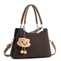 Brown herringbone textured tote bag with silver hardware and plush cloud charm - Coffee