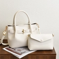 Minimalist beige pebble leather tote and envelope clutch bag set with gold hardware - Off-white
