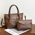 Dark brown lychee pattern PU leather tote bag set with metal twist lock for women - Coffee