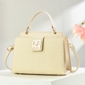 Elegante bolso de cuero PU beige con panel tejido en espiga y cierre de metal B dorado - Blanco Roto
