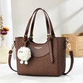 Brown herringbone handbag with leather handles, adjustable strap and plush sheep charm - Coffee