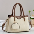 Borsa tote classica in tessuto crema e marrone con tracolla e mini custodia abbinata - Bianco Sporco