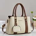 Elegant beige woven tote bag with brown leather handles and matching coin purse - Off White