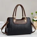Bolso de mano de cuero tejido negro con asas marrones y correa ajustable - Negro