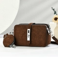 Detail of dark brown suede crossbody bag with dual zippers and matching round coin purse - Coffee