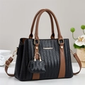 Minimalist large capacity women's handbag in black woven texture with brown handles - Black