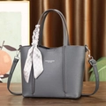 Grey pebbled leather tote bag with silk scarf decoration and detachable shoulder strap - Gray