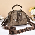 French retro monogram shoulder bag with wide jacquard strap and leather trim shell design - Coffee