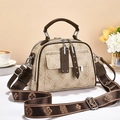 French vintage beige monogram crossbody bag with brown leather trim and wide shoulder strap - White