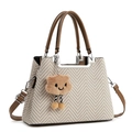 Fashionable herringbone weave tote bag with brown leather handles and cloud charm - Gray