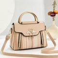 Retro cream beige woven leather handbag with swan hardware and adjustable shoulder strap - Khaki