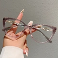 Detail of lavender translucent cat-eye frame with elegant gold metal chain temples - Cat Eye / Purple Pink Gradient Frame Clear Lens