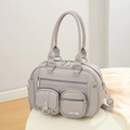 Grey pebbled leather messenger bag with multi-pocket design and silver hardware - Light Gray