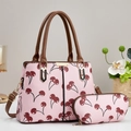 Elegant pink cherry print tote bag with matching pouch and brown leather handles - Pink
