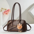 Vintage dark brown PU leather tote bag with a cute plush monster charm decoration - Coffee