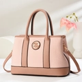 Elegante bolso tote de patchwork en espiga y cuero rosa y caqui con logotipo dorado - Rosa