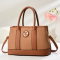 Brown textured tote bag with metal logo, top handles and adjustable shoulder strap - Earthy Yellow