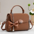 Brown cross-body bag with woven texture, large leather bow, and pearl chain strap decoration - Khaki/Earth Yellow