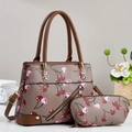 Two-piece cherry print tote bag and half-moon pouch set in brown textured leather - Brown