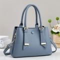 Elegant fog blue leather satchel bag with litchi texture and adjustable shoulder strap - Blue