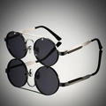 Detail of silver steampunk glasses with double bridge and unique spring temple mechanism - Silver Frame Black Grey Lens