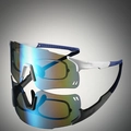 Detail view of sporty polarized sunglasses with inner frame for nearsightedness and reflection - White Frame Blue Mirror Blue Legs