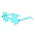 Detail view of green translucent shamrock shaped party sunglasses with rimless design - Lake Blue