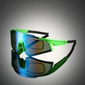 Detail of sports cycling sunglasses with removable prescription frame and blue lens - Green Frame Blue Mirror Black Temple