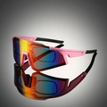 Detail of pink cycling sunglasses with rainbow lens and detachable myopia frame insert - Pink Frame Red Mirror Black Temple