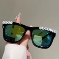 Detail of square black sunglasses with Just Married letter beads for wedding parties - Black Frame Gold Mirror Lens