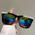 Square black sunglasses with rainbow lenses and Just Married bead lettering for weddings - Black Frame Colorful Mirror Lens