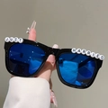 Close-up of black square sunglasses with white Just Married beads and blue reflective lenses - Black Frame Blue Mirrored Lens