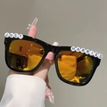 Detail of square black frame sunglasses with Just Married beads and orange lenses - Black Frame Red Mirrored Lens
