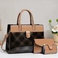 Dreiteiliges Damen-Handtaschen-Set aus glänzendem Lackleder mit Karomuster in Braun und Schwarz - Khaki