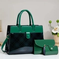 Dreiteiliges Damen-Handtaschenset aus dunkelgrünem Lackleder mit Karomuster-Detail - Grün