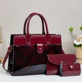 3-teiliges burgunderrotes Lackleder Handtaschen Set mit Karomuster und Griffen - Burgunderrot