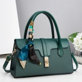 Dark green woven texture top handle bag with gold hardware and geometric scarf detail - 30x12x18cm / Green