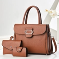 3-teiliges Handtaschen-Set aus braunem PU-Leder mit Litschi-Maserung und Shopper - Erdgelb