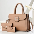 3-teiliges Set aus khakifarbener Kunstleder-Handtasche, Geldbörse und Münztasche - Khaki