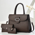 Deep brown lychee textured 3-piece bag set with tote, wallet and small pouch - Coffee