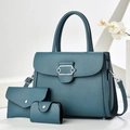 Three-piece set women's handbag set in light blue faux leather with silver metal buckle - Blue