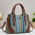 Sac fourre-tout tissé chic avec bordure en cuir marron et bandoulière réglable - Vert