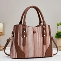 Sac bandoulière tissé tendance à rayures marron et beige avec poignées en cuir - Rose