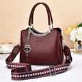 Fashionable wine red PU leather handbag with heart charm and wide fabric shoulder strap - Wine Red